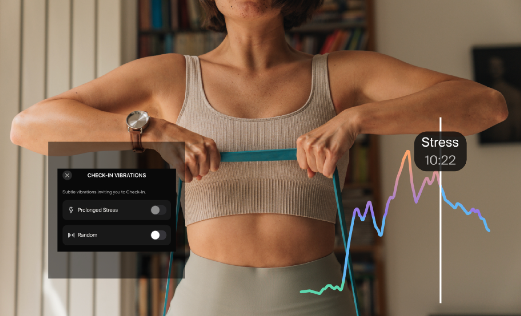 Woman in the middle of a workout routine with an overlay of her stress levels